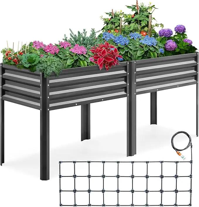KING BIRD Raised Garden Bed with Irrigation System and Legs Galvanized Elevated Planter Box for Backyard, Patio, Balcony, 600lb Capacity, 70.9x22.8x31.5 in Dark Grey by GreenHaven Gardens