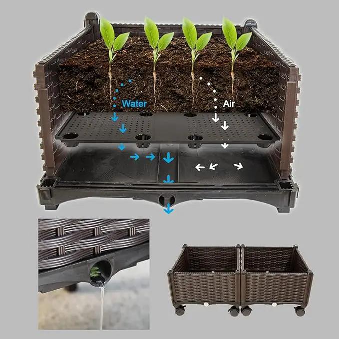 Barton 2 Pieces Rolling Garden Bed Brown Plastic w/Self-Watering Design Outdoor Elevated Planter Box Kit Wheels Mobile by GreenHaven Gardens