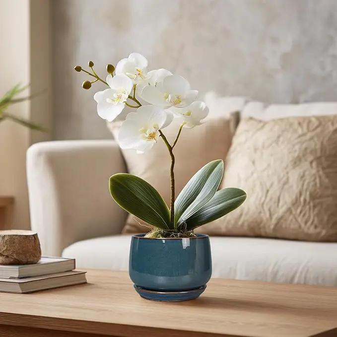G EPGardening Ceramic Pots for Plants - 4 inch Plant Pots for Indoor Outdoor, Small Planter with Drainage Hole & Tray, Modern Succulent Pots, Round Planter, Office Decor, Home Gifts, Retro Blue by GreenHaven Gardens