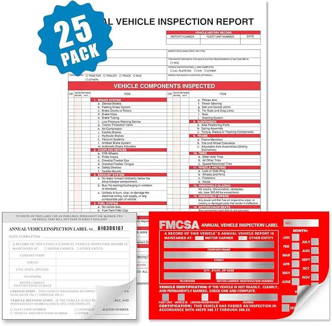 Annual Vehicle Inspection Report Form with Red Exterior Aluminum Inspection Label (6"x3.5"), and White Interior Inspection Label (5"x4") 25-pk by GreenHaven Gardens