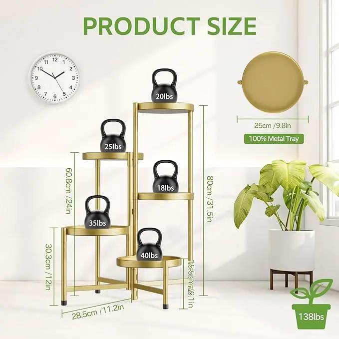 iDavosic.ly 5 Tier Large Plant Stand Indoor, 10 Inch Wide Tall Corner Metal Plant Stands Outdoor for Multiple Plants, Folding Tiered Flower Display Holder Rack Shelf, Gold by GreenHaven Gardens
