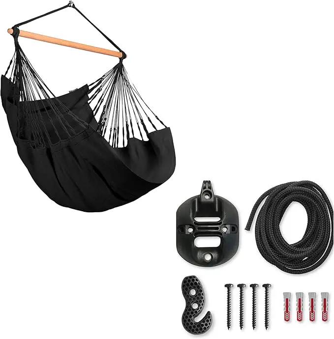LA SIESTA® - Large Comfort Habana Cotton Hammock Chair & CasaMount - Hanging Chair w/Suspension Kit for Walls Ceilings & Square Beams - Indoor Outdoor Swing Hanging Chair Bedroom Balcony - Onyx by GreenHaven Gardens