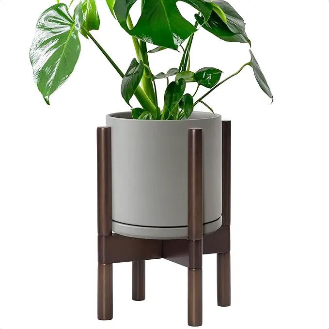D'vine Dev Ceramic Planter with Walnut Color Stand - 8 Inch Modern Round Flower Pot with Wood Planter Holder, Grey, 55-B-Y-3 by GreenHaven Gardens