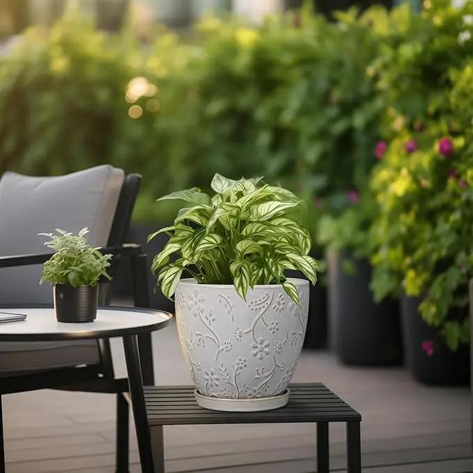 8 Inch Ceramic Pots for Plants Large Planter Pot with Drainage Hole and Saucer Round Flower Pot for Indoor Outdoor Decor, White by GreenHaven Gardens