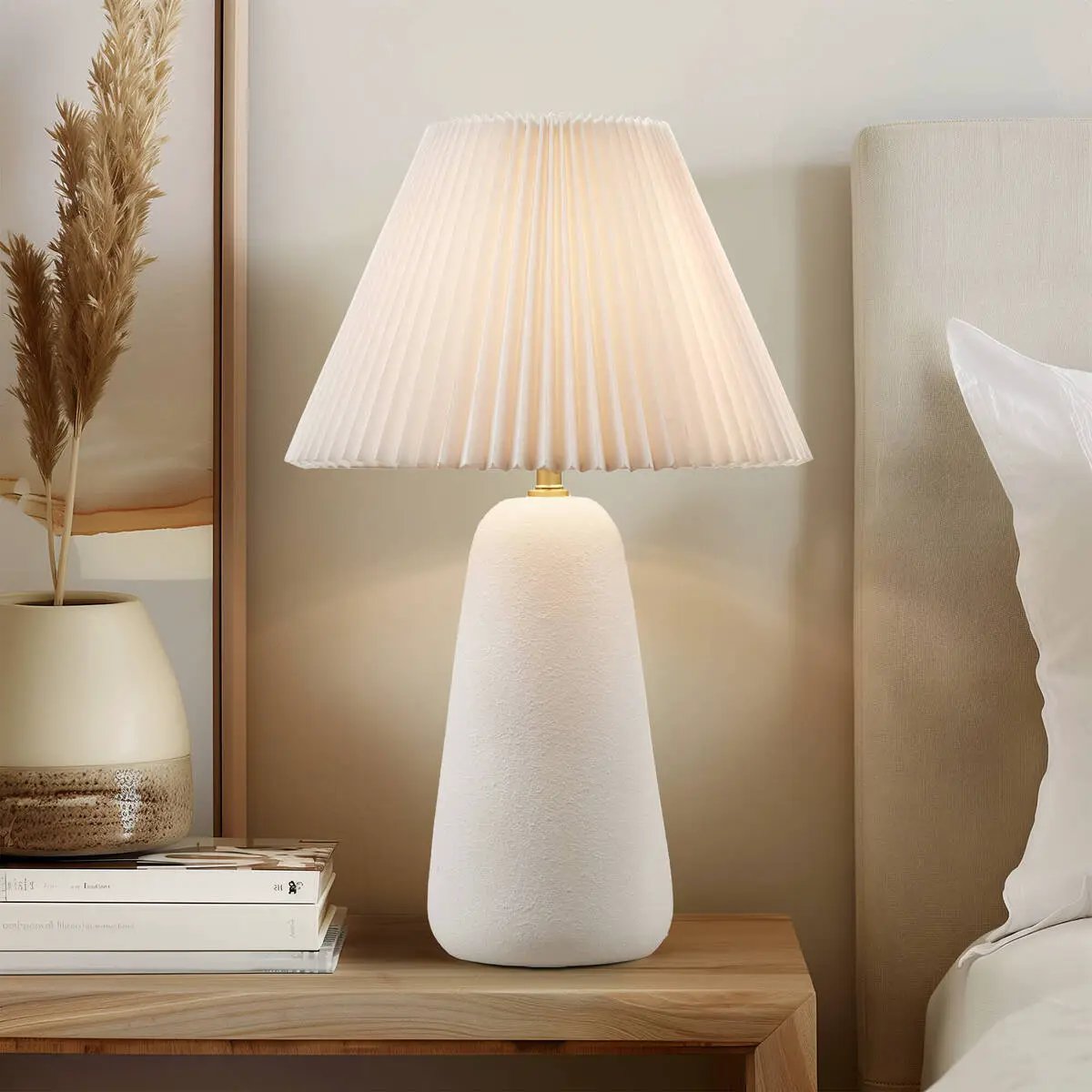 Textured Ceramic Table Lamp with Fluted Fabric Shade - White by HouseOfZazla
