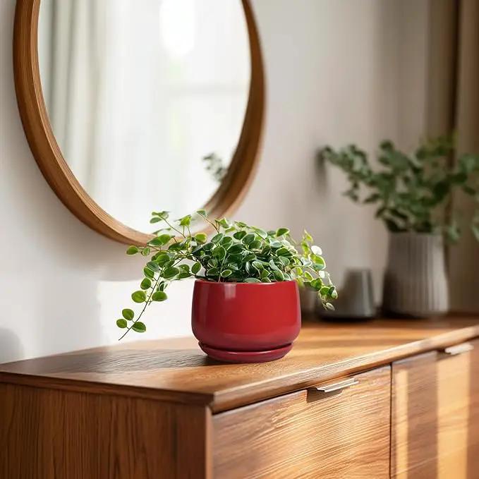 G EPGardening Ceramic Pots for Plants - 4 inch Succulent Pots Indoor Outdoor, Small Planter with Drainage Hole & Tray, Modern Flower Pot, Decorative Round Planter, Living Room Decor, Home Gifts, Red