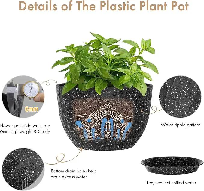 12 Inch Wide Water Ripples Flower Pots for Indoor or Outdoor Plants, Large Plant Pots with Drainage Holes & Saucer, Plastic Planters Set for Garden & Home Decor (Black with White Speckles) by GreenHaven Gardens