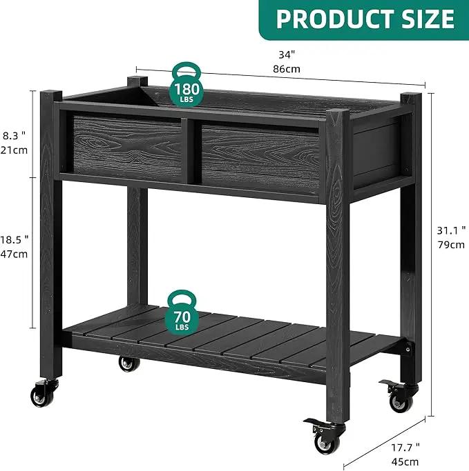 YITAHOME Raised Garden Bed, HIPS Poly Wood Elevated Planter Box with Shelf & Wheels for Mobility, Small Flower Box Stand for Patio Balcony Garden Backyard, Black by GreenHaven Gardens