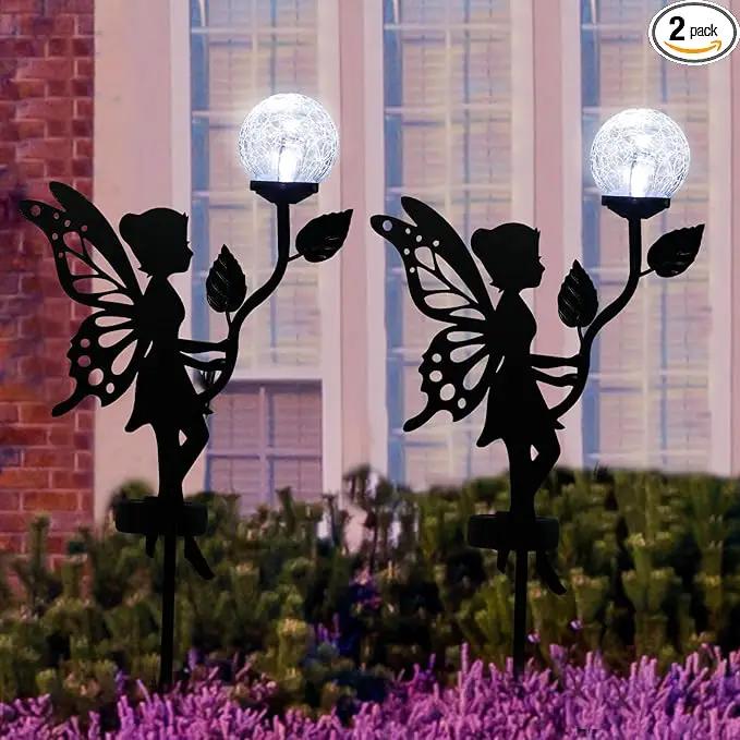 2 Pack Solar Fairy Garden Decor, Metal Fairy Statues with Crackle Glass Globe Solar Garden Lights Outdoor Silhouette Waterproof for Lawn Patio Yard Pathway Gardening Gifts by GreenHaven Gardens