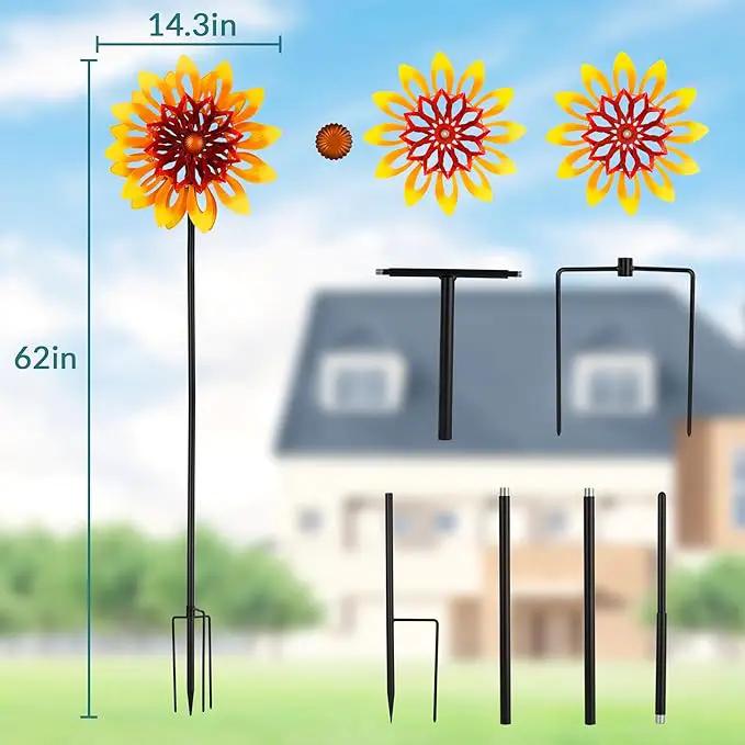 Sunflower Wind Spinners, 360 Degrees Swivel Metal Wind Sculptures, 62" Garden Pinwheels for Yard Lawn Patio Decor by GreenHaven Gardens