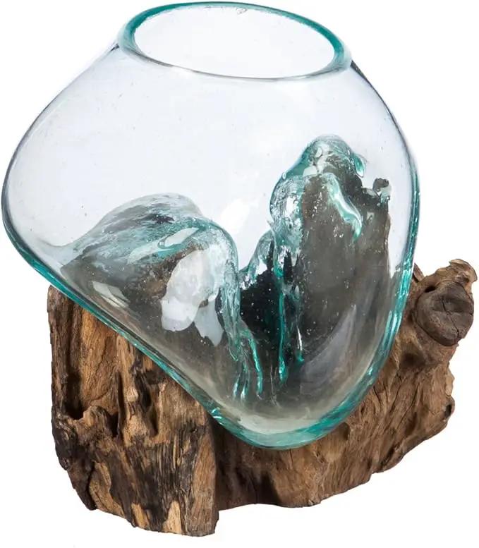 Cape Craftsmen 7" H Hand-Blown Blue Tinted Bubble Glass On Natural Teak Driftwood Terrarium | Home Décor Indoor Planter with Stand | Pot for Succulent and Plants by GreenHaven Gardens
