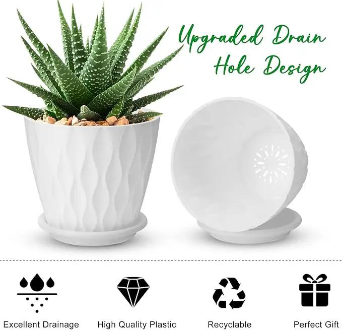 6 inch Plant Pots, 5 Pack Flower Pots Outdoor Indoor, Planters with Drainage Hole and Tray Saucer（White by GreenHaven Gardens