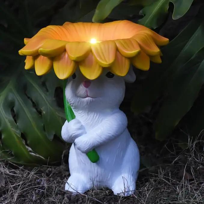 Solar Garden Decor Bunny Garden Statue Easter Decorations Outdoor Resin Sunflower Rabbit Statue with Bird Feeder Patio Decor Bunny Figurines with Lights Yard Decorations Easter Gifts for Women by GreenHaven Gardens