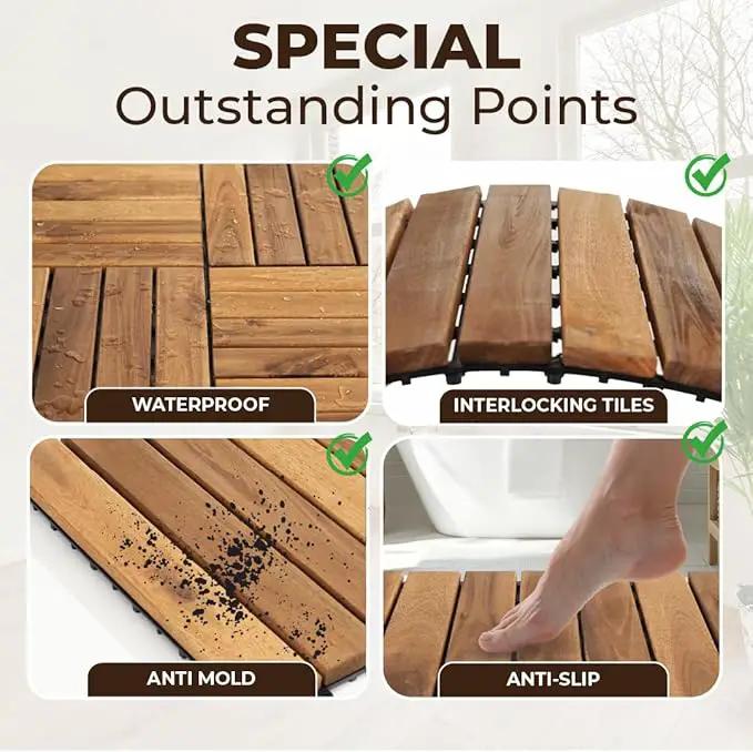 Pack of 10 Deck Tiles - 12"x12" Interlocking Natural Solid Acacia Wood for Outdoor & Indoor, Patio Garden, Balcony, Poolside - Natural6 Color by GreenHaven Gardens