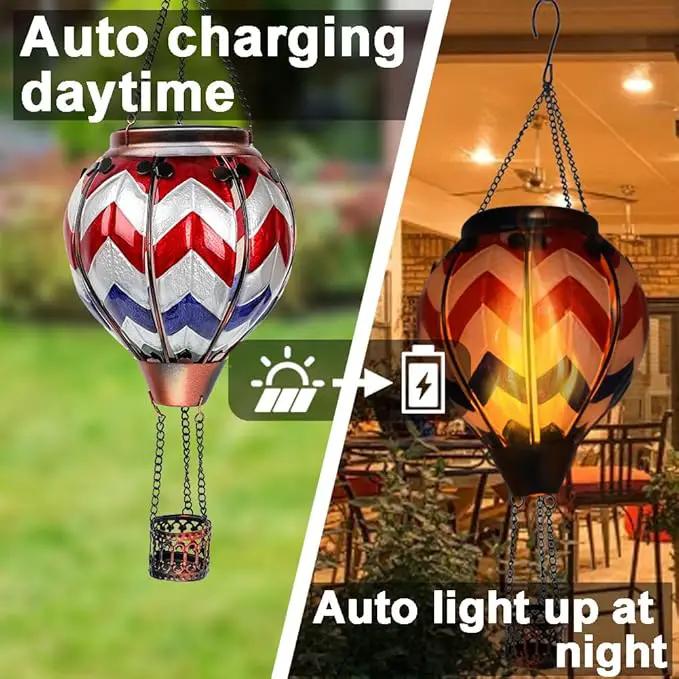 2PC Hot Air Balloon Solar Lantern with 2PC Shepherd Hook, Flickering Flame Hanging Solar Lanterns Outdoor Lights Waterproof Lanterns for Garden Patio Yard Party Decor (Wavy-Gray&Navy&Red) by GreenHaven Gardens