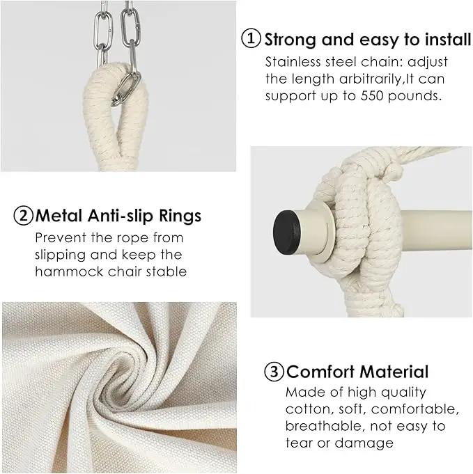 Y- STOP Hammock Chair Hanging Rope Swing, Max 500 Lbs, 2 Cushions Included, Large Macrame Hanging Chair with Pocket for Superior Comfort, with Hardware Kit (Beige) by GreenHaven Gardens
