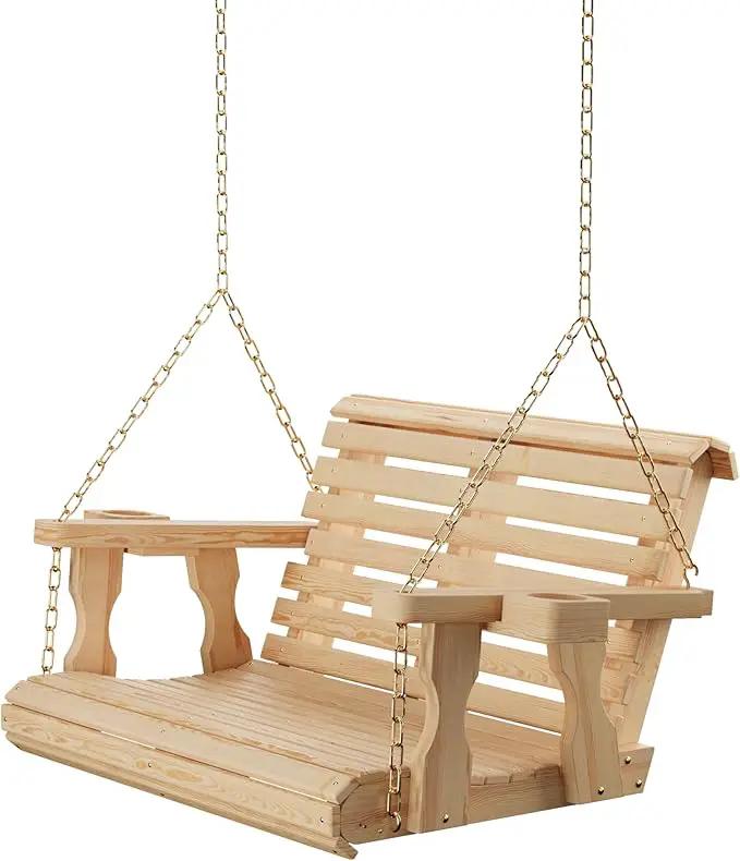 Amish Casual 3 Foot Roll Back Porch Swing with Cup Holders in Unfinished - Amish Made in The USA from Treated Pine Heavy Duty 700 Lb. Weight Capacity by GreenHaven Gardens