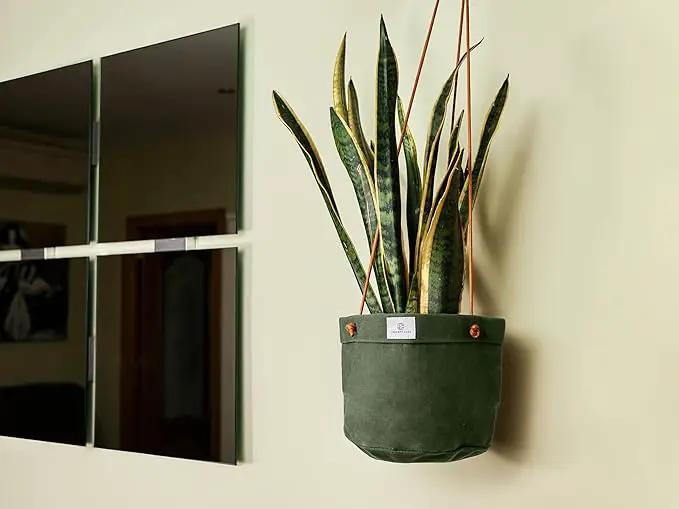 Waxed Canvas Handmade Hanging Planter for Indoor/Outdoor Plants, Hanging Basket Plant Holder Forest Green by GreenHaven Gardens