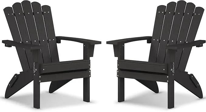 Folding HDPE Adirondack Chair Set of 2, Weather-Resistant Patio Chair with Wide Armrests & High Backrest, Fire Pit Chair for Garden, Backyard, Porch - Black by GreenHaven Gardens