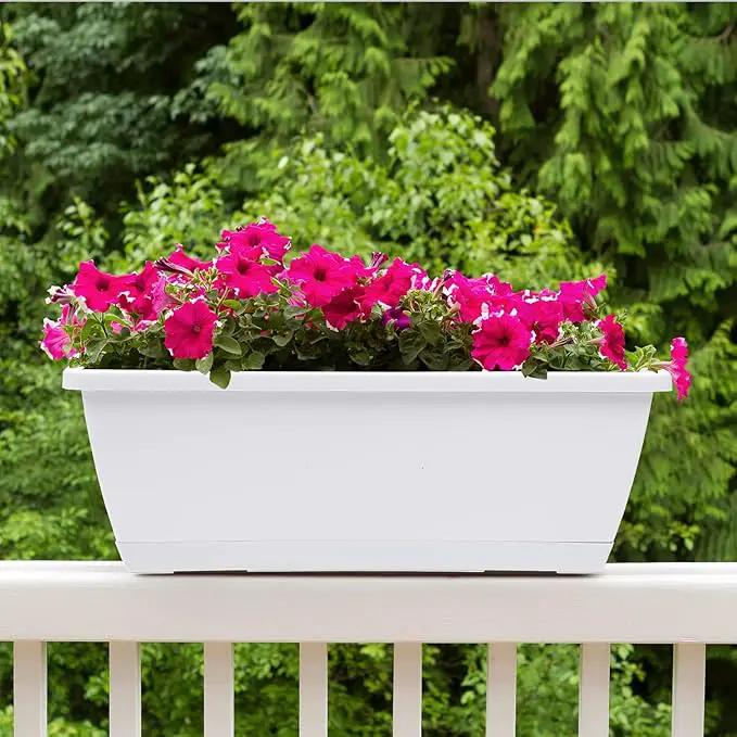 Window Box Planter, 7 Pack Plastic Vegetable Flower Planters Boxes 17 Inches Rectangular Flower Pots with Saucers for Indoor Outdoor Garden, Patio, Home Decor (White) by GreenHaven Gardens