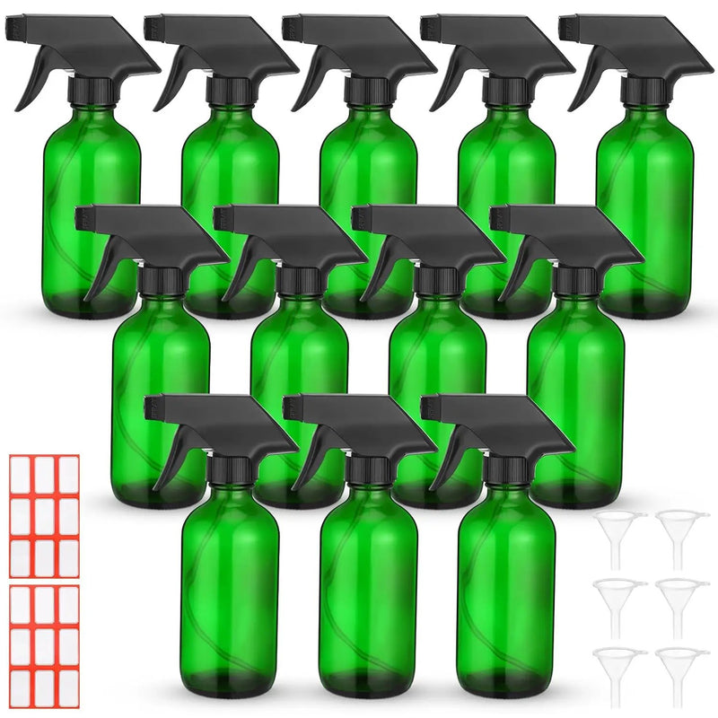 Norme 12 Pcs 8 oz Glass Spray Bottles with Funnels and Labels Refillable Cosmetic Empty Spray Bottles with Sprayer Containers for Essential Oil Cleaning Solutions(Green,Classic) by GreenHaven Gardens