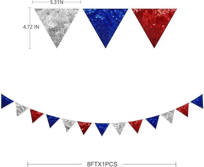 pinkblume Red Blue Silver Decorations Double Sided Sequin Fabric Triangle Pennant Banner Flag Bunting Garland for Nursery Classroom Home Bedroom Wall 4th of July American Veterans USA Holiday Decor by GreenHaven Gardens