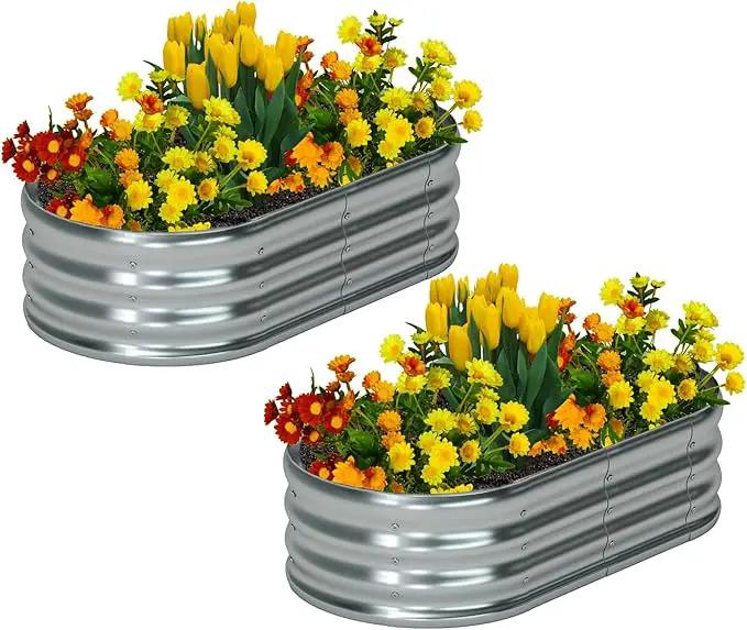 zizin 2 Pack Galvanized Raised Garden Bed Metal Oval Raised Garden Beds Outdoor Planter Box for Vegetables (4x2x1FT, Silver) by GreenHaven Gardens