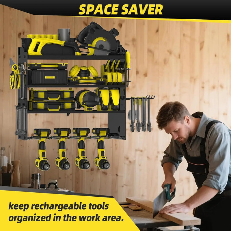Power Tool Organizer Wall Mount with 4-Drill Holders-400Lbs Load Heavy Duty Metal 4-Layers Garage Storage & Organization Battery Tools Rack with Side Panels Utility Racks Workshop Gifts for Men by GreenHaven Gardens