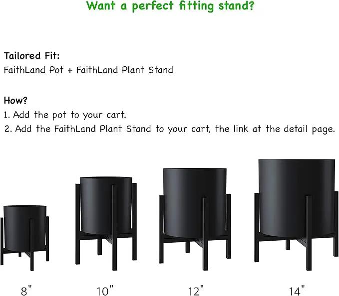 FaithLand Plant Pot 14 inch - Perfectly Fits Mid-Century Modern Plant Stand - Drainage Plug and Drainage Mesh Screen - Matte Black by GreenHaven Gardens