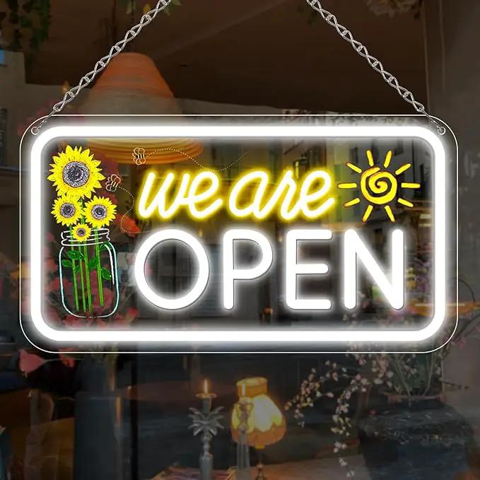 Neon We are Open Signs for Business, 16.5x9'' Open Sign with Printed Flower and Sun, with ON/OFF Switch & Adapter, Daylight White, Ideal for Window, Party, Wall, Bars, Coffee Shops, Salons, Clubs, Hotels by GreenHaven Gardens
