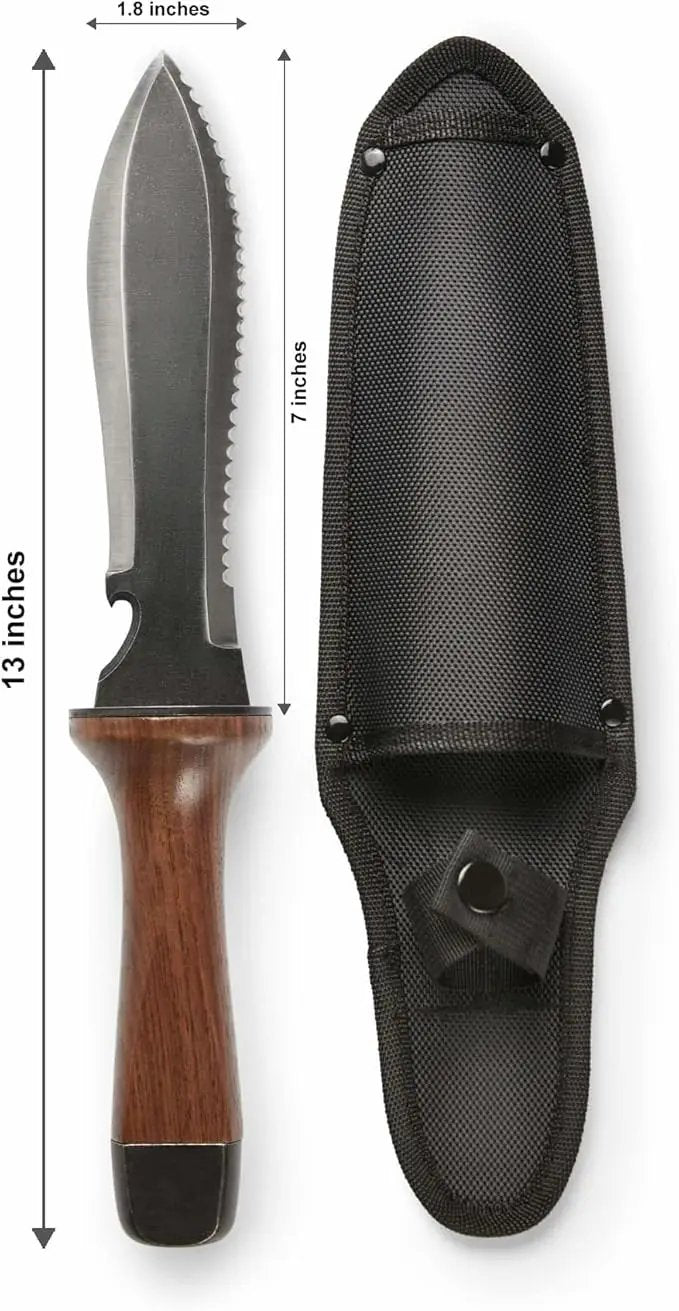 Hori Hori Garden Knife, Traditional Japanese Weeding Tool with ergonomic wooden handle. Large 7'inch blade with case. (Standard blade) by GreenHaven Gardens