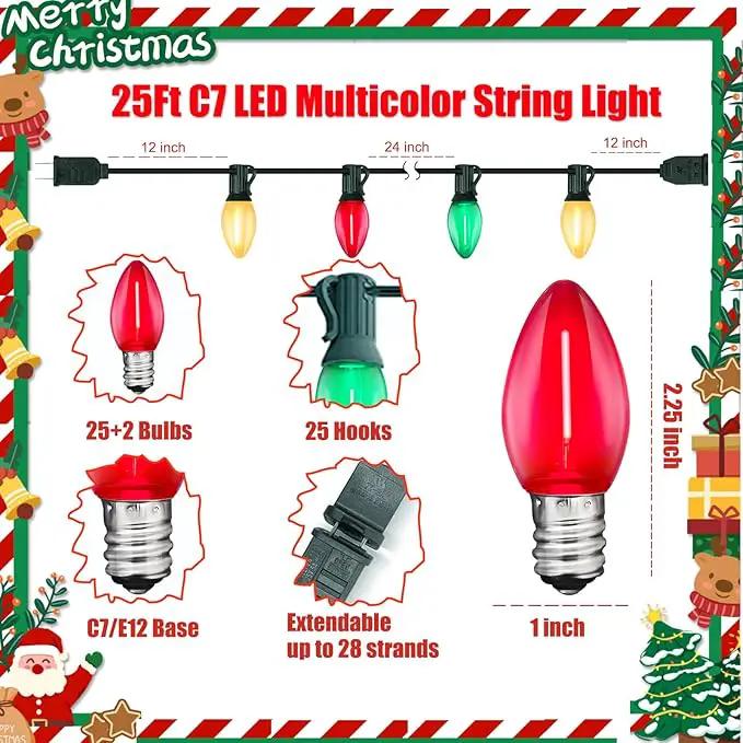 C7 LED Christmas Lights Outdoor, 25FT Clear Red Green and Frosted White Christmas String Lights with 27 LED Energy-Efficient Bulbs, Hanging Christmas Decorations Lights for Party Patio Garden Yard by GreenHaven Gardens