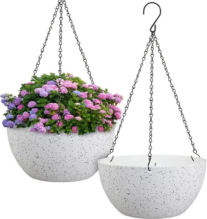 12 inch Large Hanging Planters for Indoor Outdoor Plants, 2 Pack Hanging Flower Pots with Drainage Holes and Chain for Garden Porch, Plastic Hanging Baskets for House Plants, Speckled White by GreenHaven Gardens