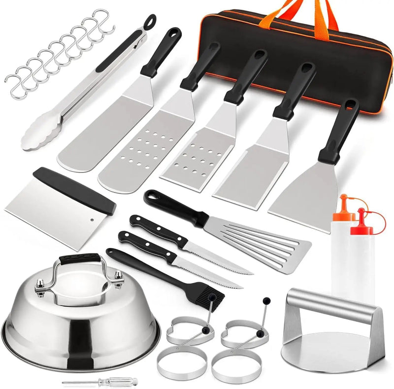 Griddle Accessories Kit of 20, HaSteeL Heavy Duty Metal Spatula Set, Stainless Steel Teppanyaki Tools for Flat Top, Barbecue Grilling Indoor & Outdoor, Melting Dome, Burger Turner, Dishwasher Safe by GreenHaven Gardens
