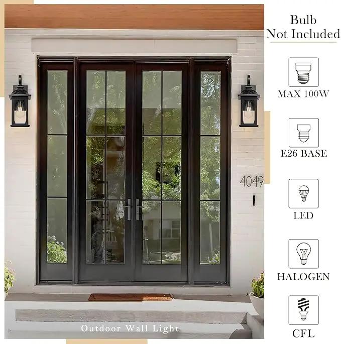 zeyu 2 Pack Outdoor Wall Lantern for Porch, 15 Inch Patio Wall Light Fixture Exterior Lights for House, Die-Cast Aluminum, Black Finish with Seeded Glass, ZD100B-2PK BK by GreenHaven Gardens