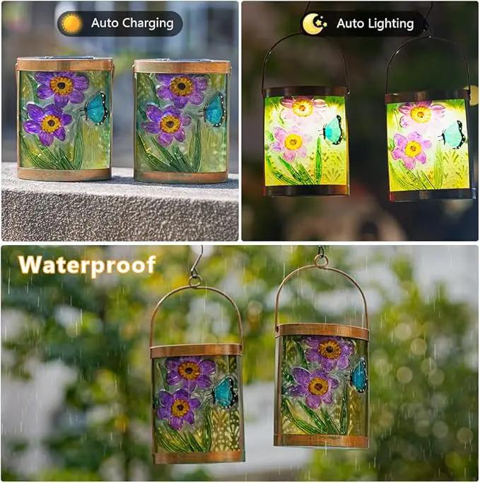 Starsoul 2 Pack Hanging Solar Lantern Outdoor Waterproof Glass Butterfly and Flowers Decorative Solar Lights for Outside Garden Yard Table Patio Decor by GreenHaven Gardens
