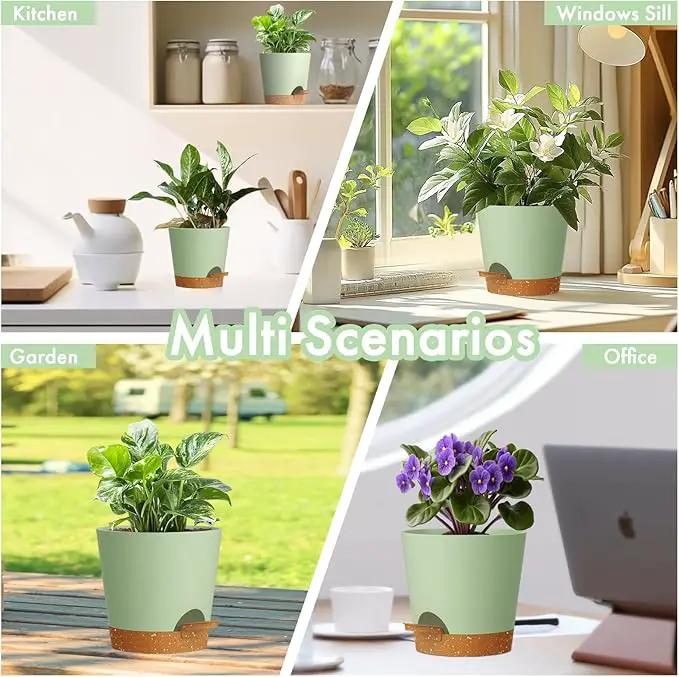 4 inch Self Watering Pots for Indoor Outdoor Plants, 6 Pack Plastic Flower Planters with Drainage Holes and Removable Saucers, Plant Pots with Wicking Rope, Modern Decor, Green Brown by GreenHaven Gardens
