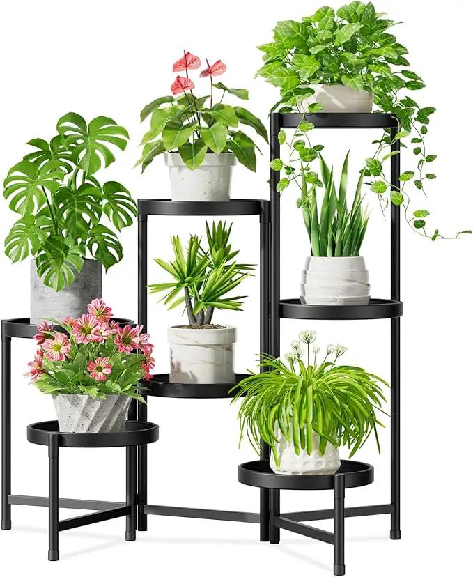iDavosic.ly 7 Tier Large Plant Stand Indoor with 10 Inch Wide Tray, Tiered Corner Metal Outdoor Flower Display Holder Shelf, Folding Tall Rack for Patio Porch Living Room, Modern Black by GreenHaven Gardens