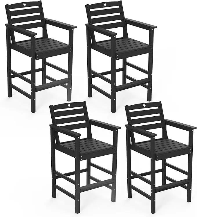 Tall Adirondack Chairs Set of 4, HDPE Wood Balcony Adirondack Chairs Set with Heart Cutout Design, Weather-Resistant Bar Height Furniture for Deck, Porch, Pool (Black) by GreenHaven Gardens