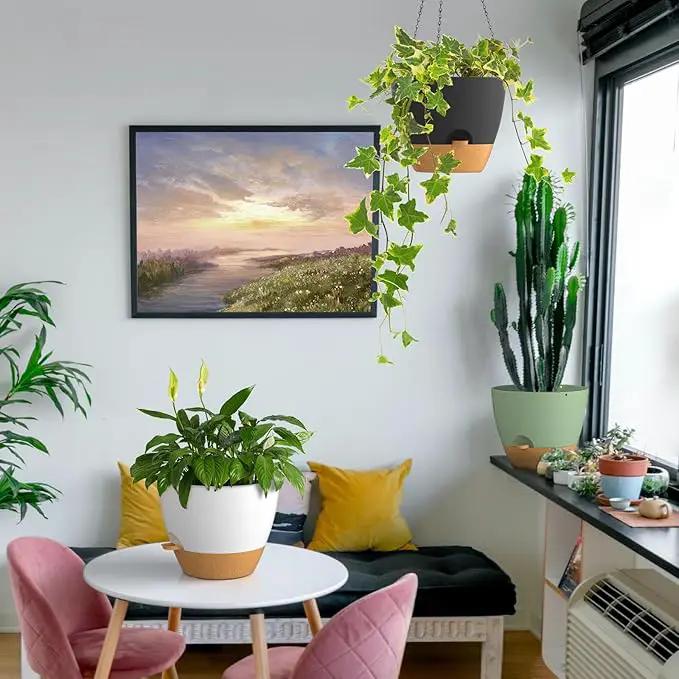 ZMTECH 12 Inch Hanging Planters for Indoor Outdoor Plants, 1 Pack Self Watering Hanging Plant Pots with Drainage Holes and Removable Saucer, Plastic Flower Hanging Pots with Watering Lip (White) by GreenHaven Gardens