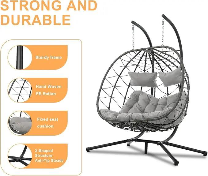 2 Person Double Egg Swing Chair with Stand Indoor Outdoor, Hammock Egg Chair Outdoor, Patio Wicker Hanging Egg Chair w/Cushion 700LBS Capacity for Bedroom, Balcony, Garden, Grey by GreenHaven Gardens