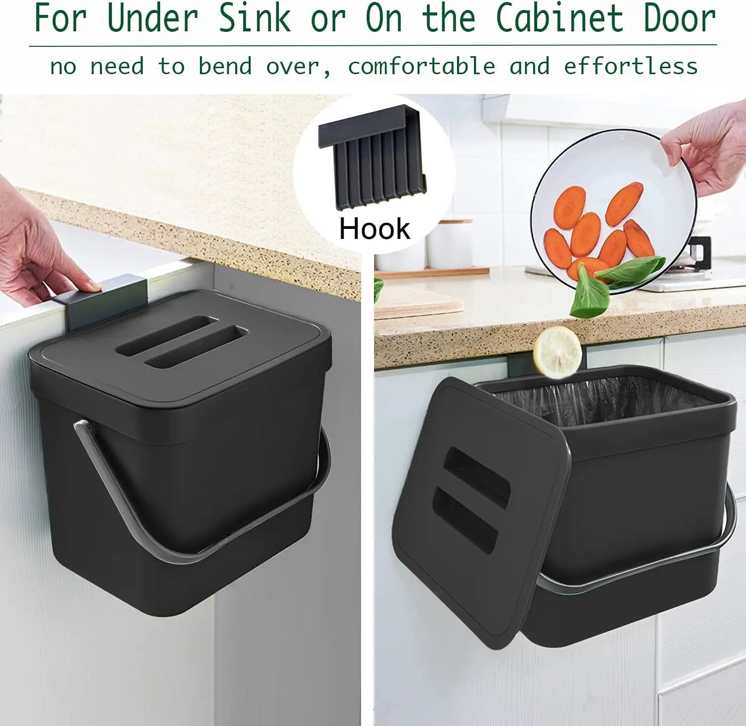 Kitchen Trash Can with Lid, LALASTAR Wall-Mounted Under Sink Small Garbage Can for Kitchen, Bathroom, Compost Bin Countertop, Cabinet Trash Can Hanging, 1.8 Gallon, (Black, 7L) by GreenHaven Gardens