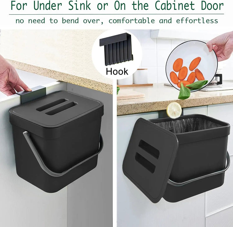 Kitchen Trash Can with Lid, LALASTAR Wall-Mounted Under Sink Small Garbage Can for Kitchen, Bathroom, Compost Bin Countertop, Cabinet Trash Can Hanging, 1.8 Gallon, (Black, 7L) by GreenHaven Gardens