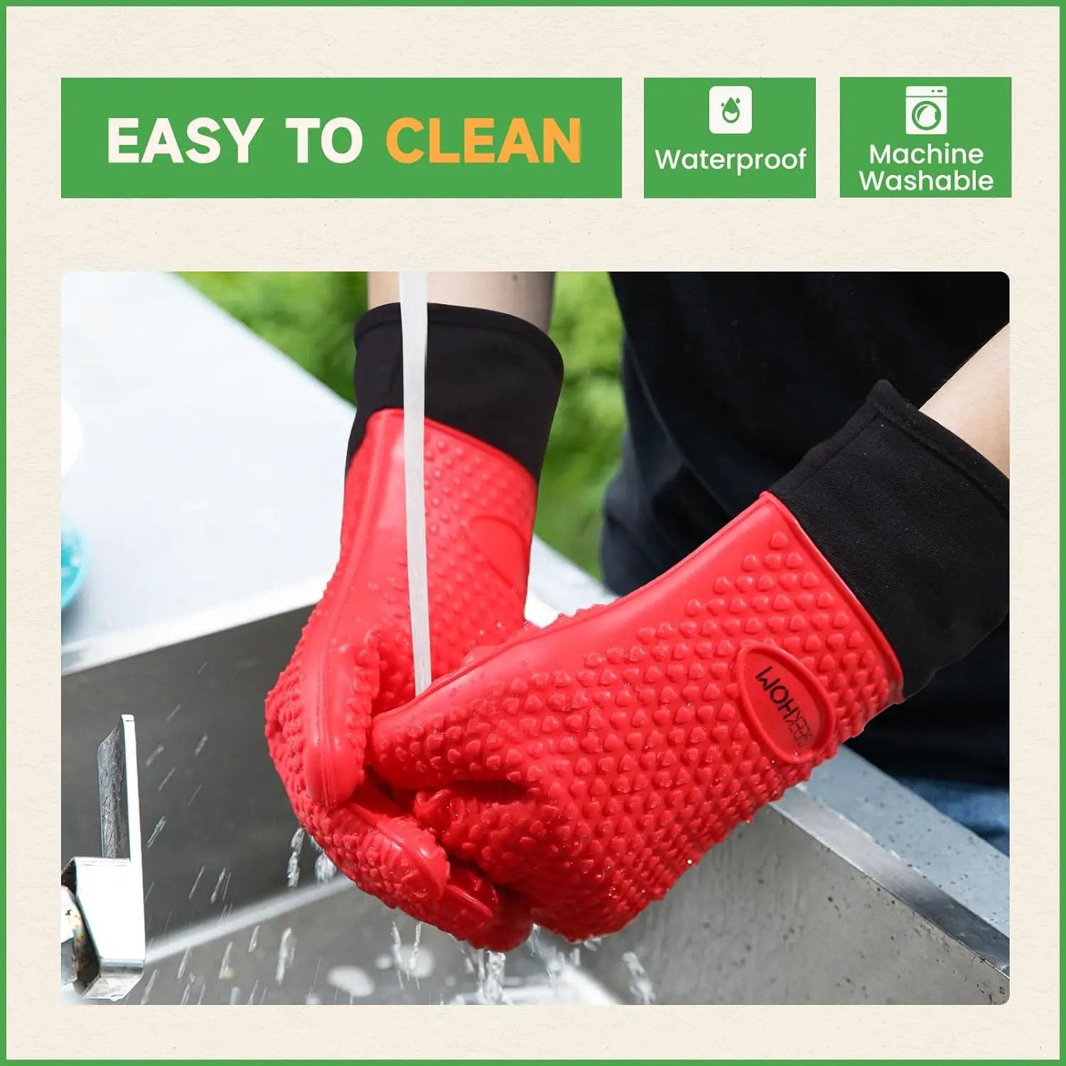 GEEKHOM BBQ Gloves Heat Resistant Oven Mitts - Silicone Grilling Gloves with 14" Long Arm Protection - Waterproof Pot Holder Non-Slip for Men & Women, Kitchen Cooking, Baking, Camping, Red by GreenHaven Gardens