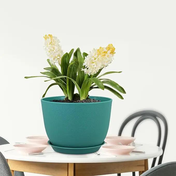 Plant Pots 12 inch, Plastic Planters with Drainage Holes and Saucers, Large Flower Pots for Indoor Outdoor Plants, Modern Decorative Pots for Garden House Plants, Blue Green by GreenHaven Gardens