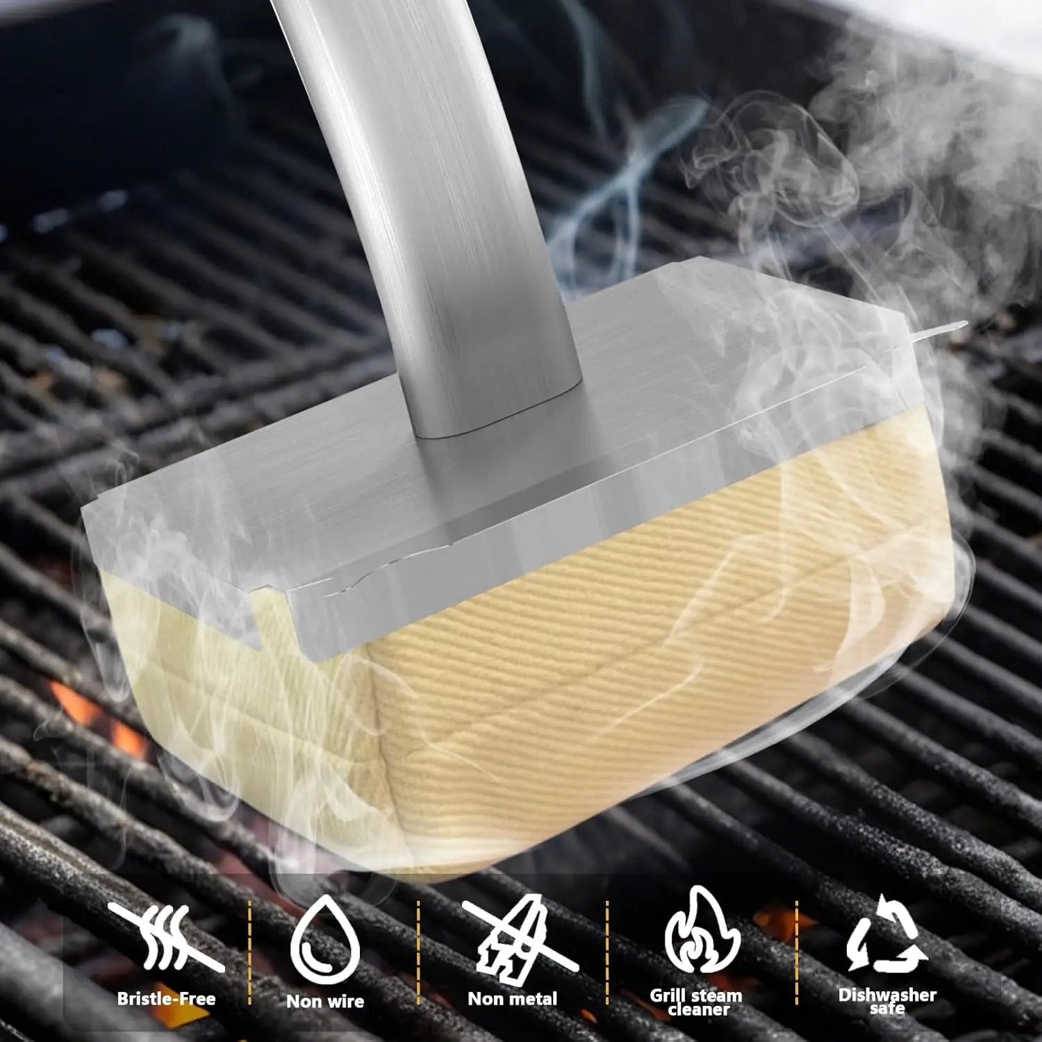 Grill Brush Bristle Free with Long Handle,Non Metal Grill Scraper for Outdoor BBQ,Stainless Steel Safe Steam Cleaner, Includes 2 Replaceable Heads for Grilling Effortless Blue by GreenHaven Gardens