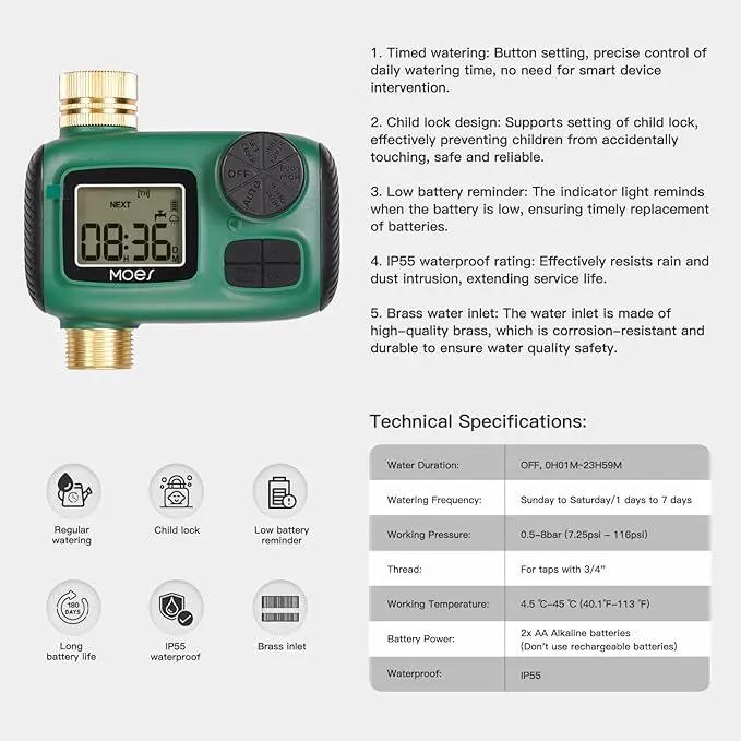MOES Sprinkler Timer, Brass Inlet & Outlet, Programmable Automatic Irrigation Controller, Rain Delay, Manual Watering, 1 Zone Water Hose Timers for Gardens, Lawns, and Hose Systems by GreenHaven Gardens
