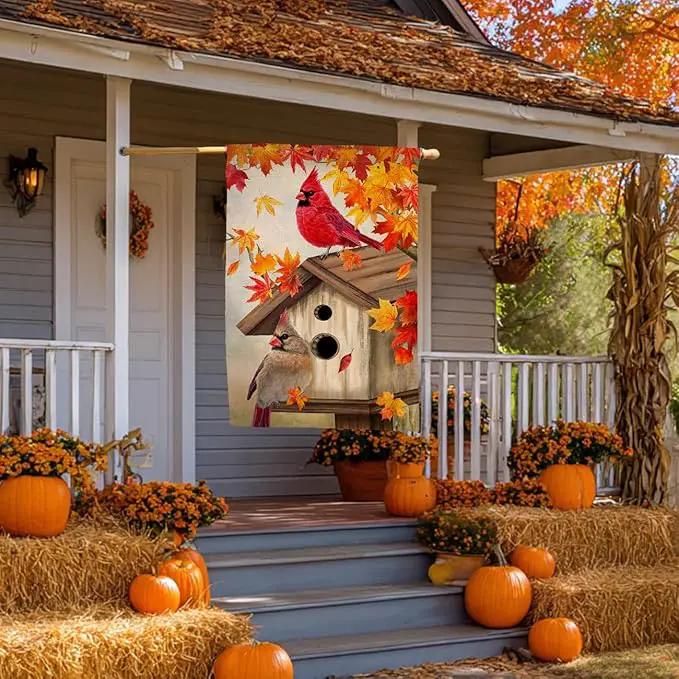 BLKWHT Fall Cardinal Bird House Flag 28x40 Vertical Double Sided Maple Leaves Welcome Autumn Thanksgiving Holiday Outside Decorations Burlap Yard Flag BW829-40 by GreenHaven Gardens