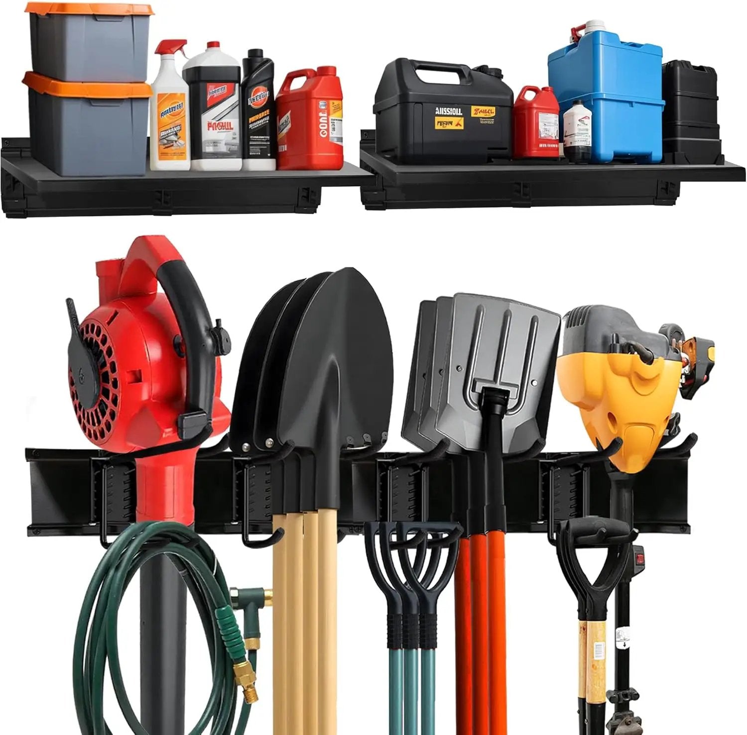 Heavy-Duty Garage Wall Storage System | Wall Mounted Tool Organizer Rack with Shelving | 10-Piece Mounting Kit | Includes 4x10” Double-Layered Hooks & 2x16.5” Floating Utility Shelves by GreenHaven Gardens