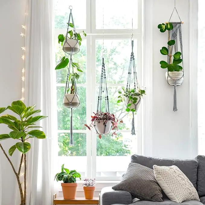 Mkono Macrame Plant Hanger Indoor Hanging Planter Basket with Wood Beads Decorative Flower Pot Holder No Tassels for Indoor Outdoor Boho Home Decor 35 Inch, Grey, Set of 2 (POTS NOT Included) by GreenHaven Gardens